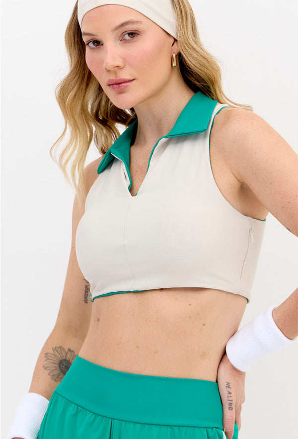 Top de gola dupla face verde folha e luna com bojo removível Lance