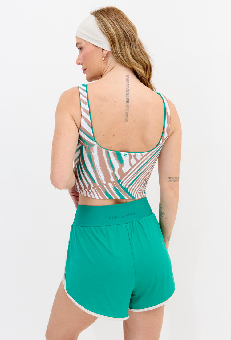 Top longo dupla face verde folha e estampado com bojo removível Lance