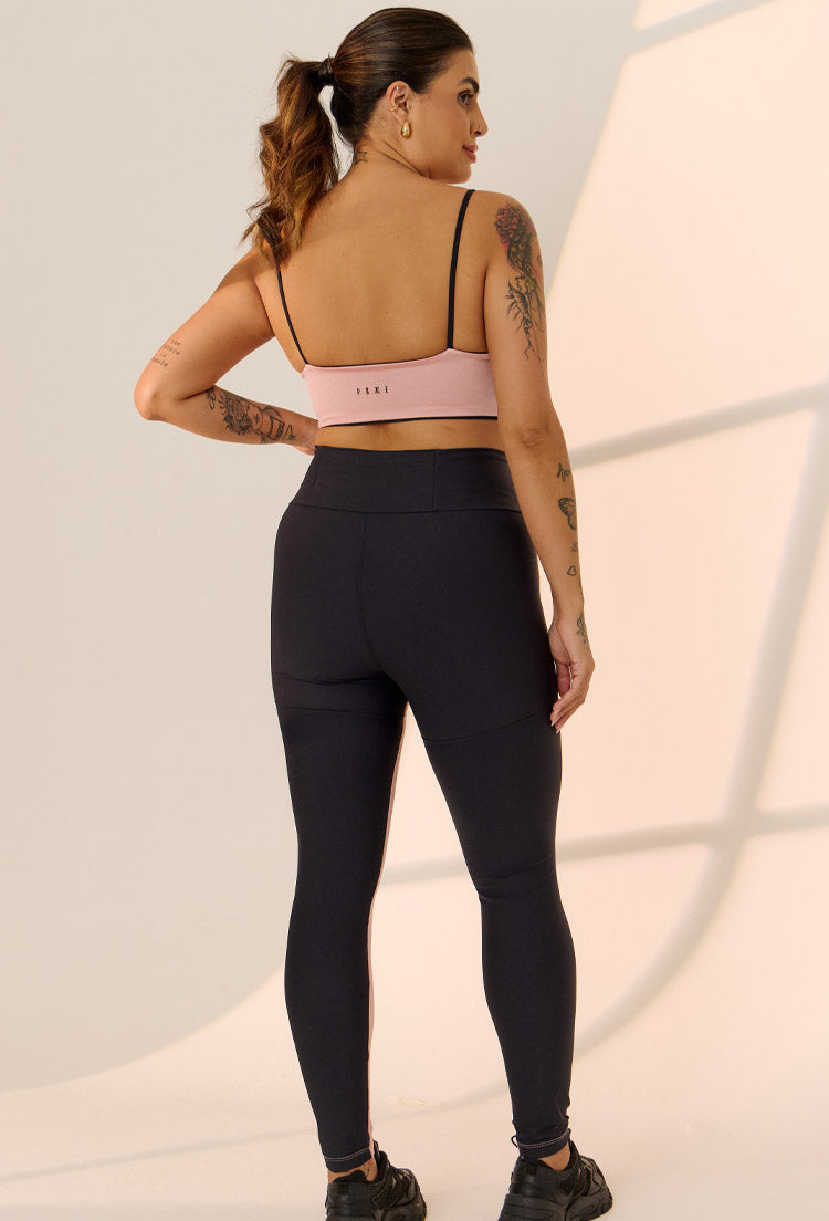Legging bicolor rose shine e preto com bolso solare