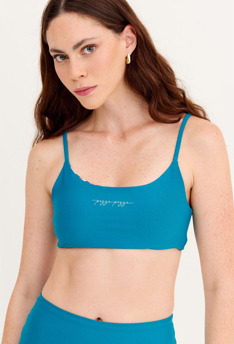 Top faixa dupla face azul atlântico e estampado listras com bojo removível Al mare