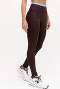 Legging com bolsos marrom café e detalhe azul fly no cós Magna