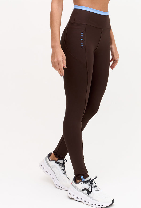 Legging com bolsos marrom café e detalhe azul fly no cós Magna