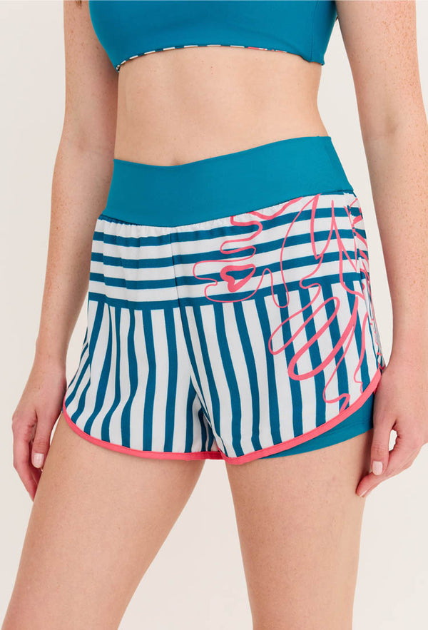 Shorts duplo azul atlântico com bolso estampado listras Al mare