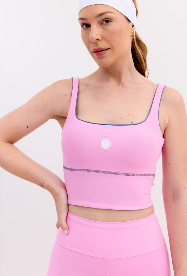 Top longo dupla face azul índigo e rosa pétala com bojo removível Aurora