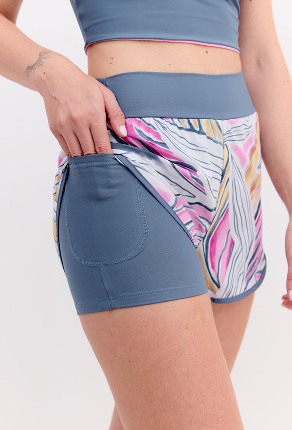 Shorts duplo azul índigo com bolso estampado Aurora