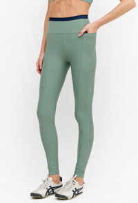 Legging com bolsos verde oliva e detalhe marinho no cós Deep