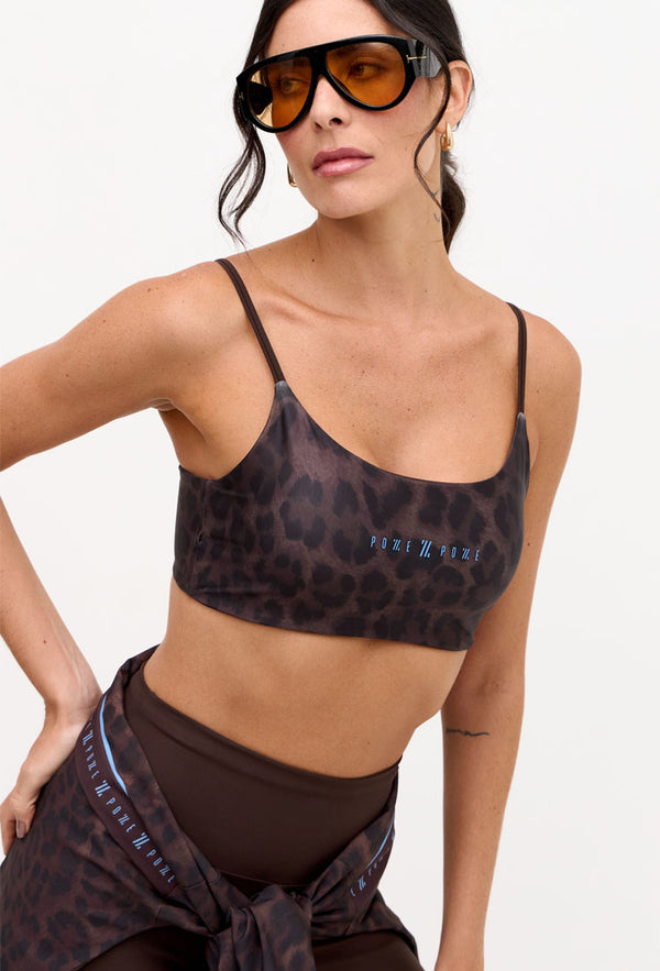 Top faixa dupla face marrom café e estampado com bojo removível Magna