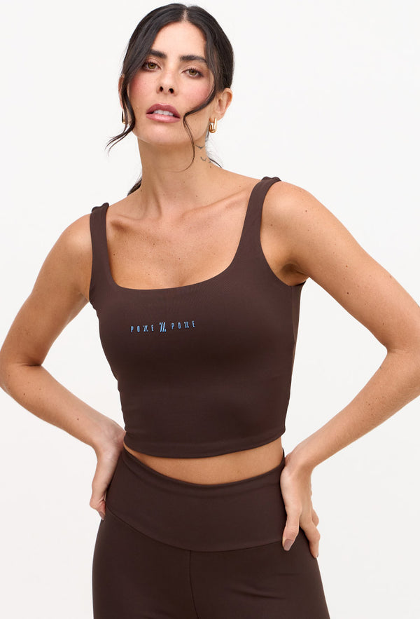 Top longo dupla face marrom café e estampado com bojo removível Magna