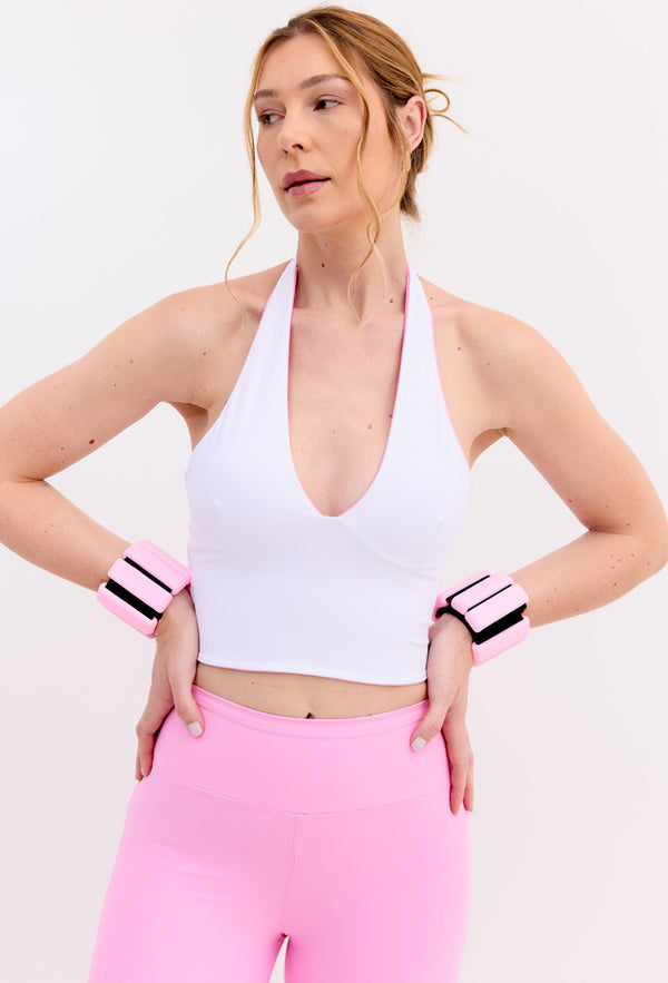 Top frente única dupla face rosa pétala e branco cristal com bojo removível Aurora