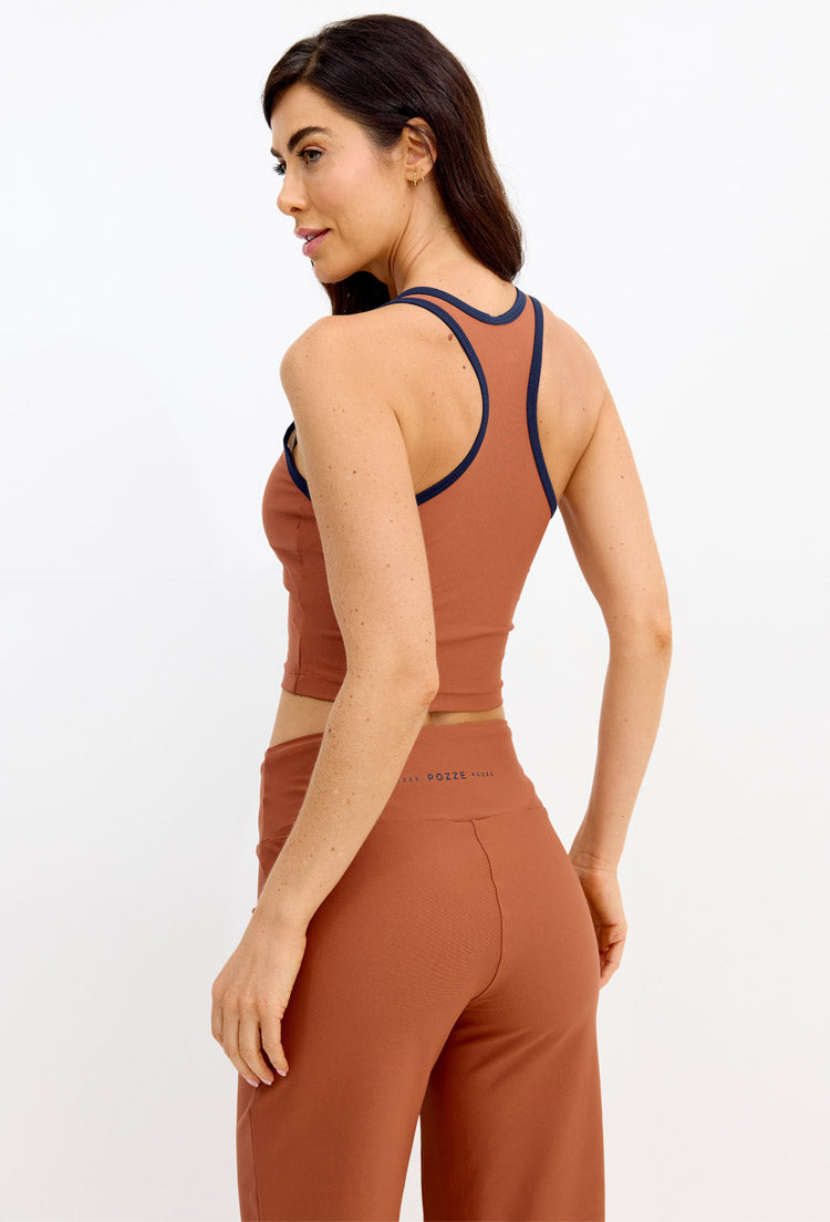 Top longo bicolor capuccino e marinho com bojo removível Gaia