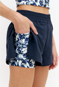 Shorts duplo com cós de elástico marinho Deep