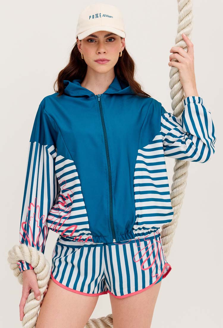 Jaqueta corta vento com capuz e recortes estampada listras Al mare