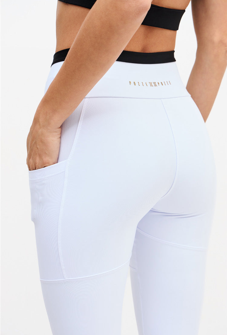 Legging branco cristal com detalhe preto bolsos laterais Pulsa