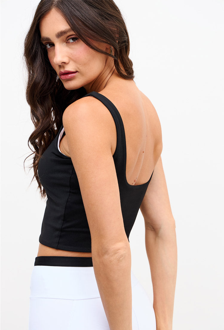Top longo decote quadrado dupla face preto e branco cristal com bojo removível Pulsa