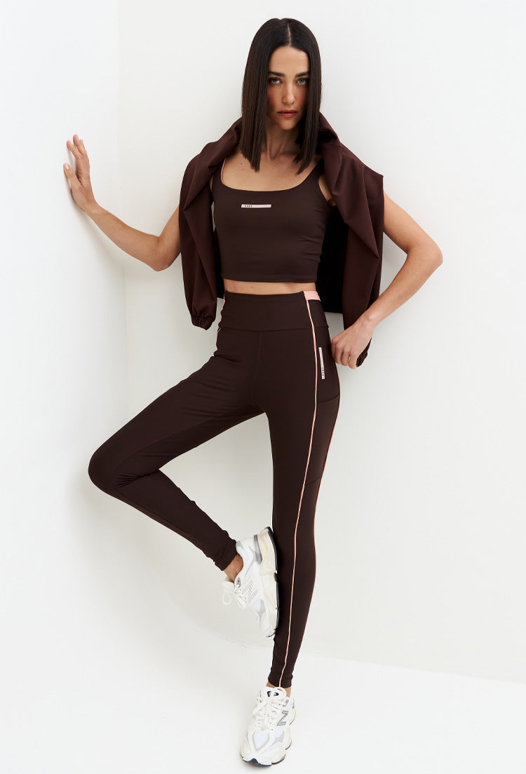Legging com bolsos marrom café e vivo rose Domma