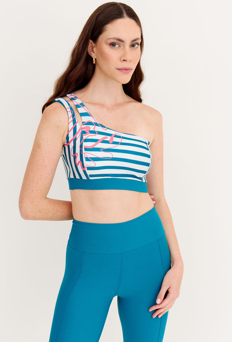 Top dupla face de ombro único azul atlântico e estampado listras Al mare