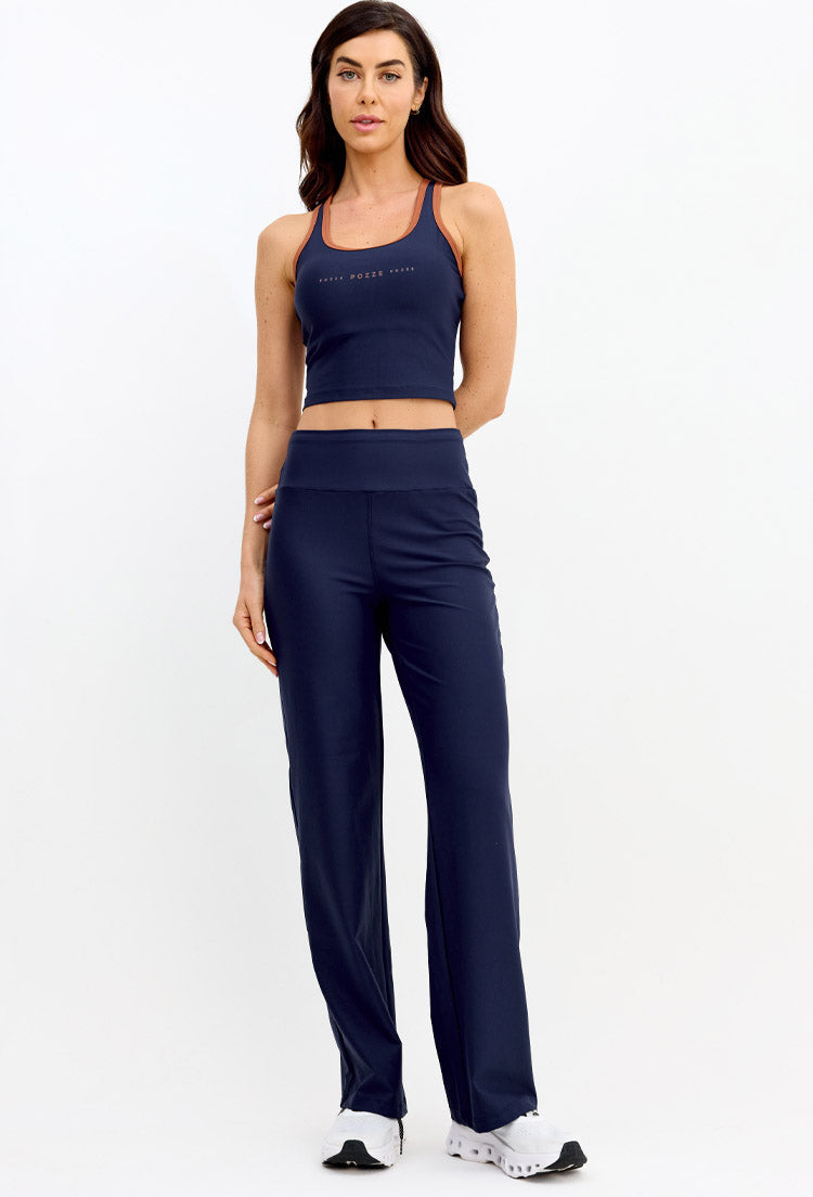 Top longo bicolor marinho e capuccino com bojo removível Gaia