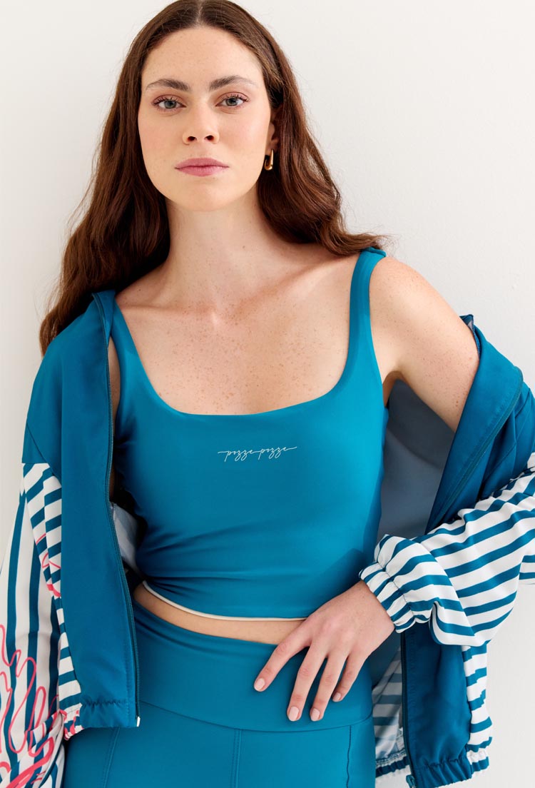 Top longo dupla face azul atlântico e estampado com bojo removível Al mare