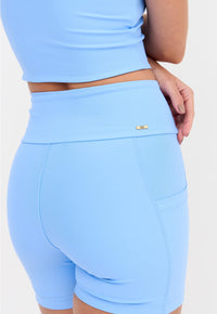Conjunto Bermuda lisa azul fly com bolso + Top faixa dupla face Sinergia