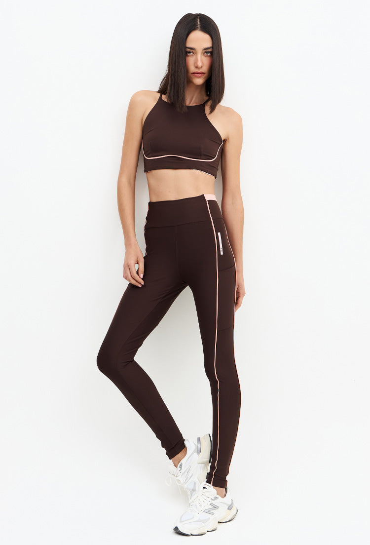 Legging com bolsos marrom café e vivo rose Domma