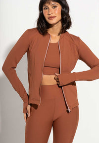 Conjunto Top fechado dupla face+Legging lisa+Jaqueta lisa capuccino Aura