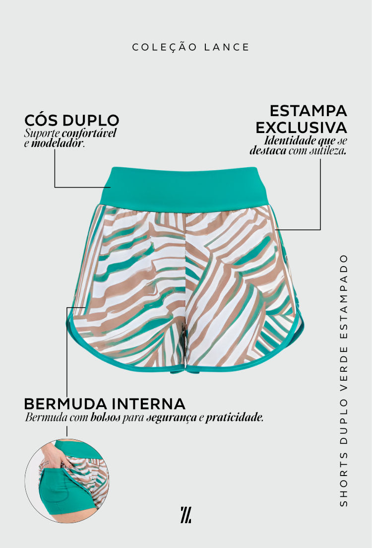 Shorts duplo verde folha com bolso estampado Lance