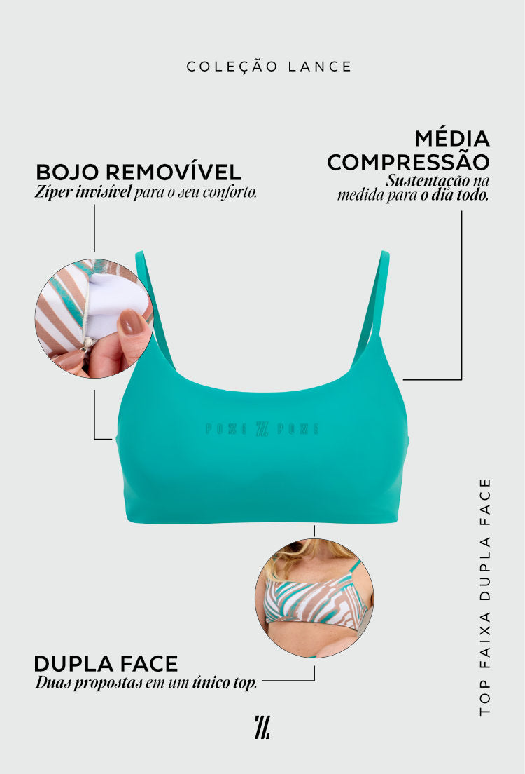 Top faixa dupla face verde folha e estampado com bojo removível Lance