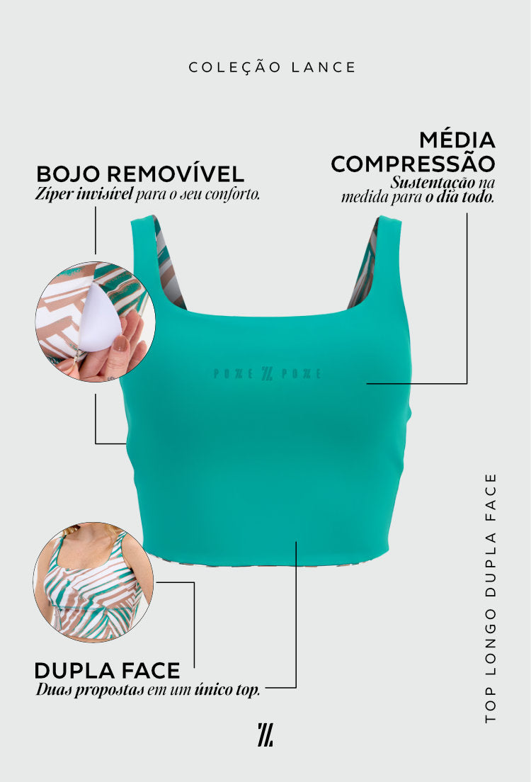 Top longo dupla face verde folha e estampado com bojo removível Lance