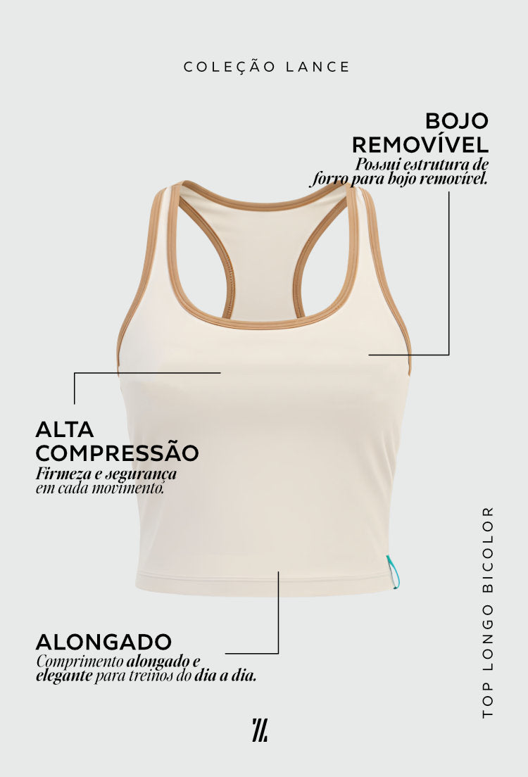 Top longo bicolor luna e amêndoa com bojo removível Lance