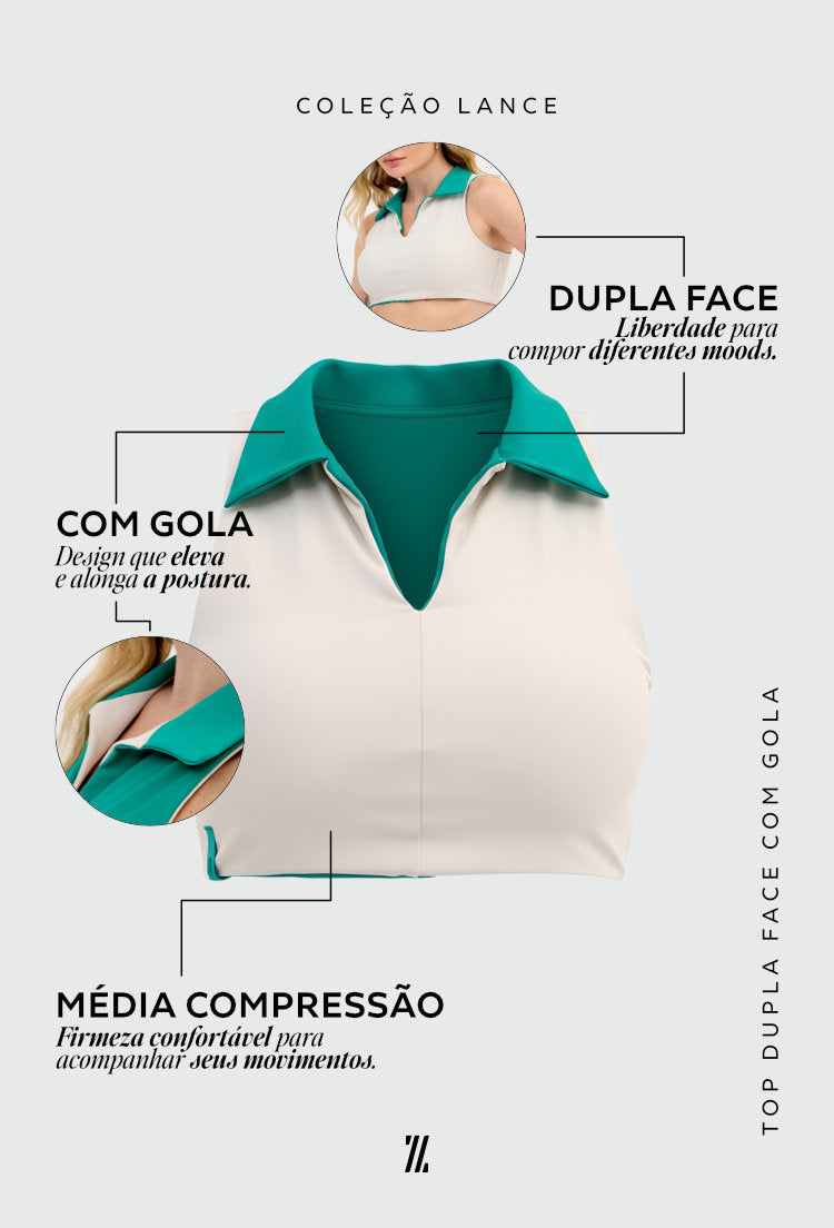 Top de gola dupla face verde folha e luna com bojo removível Lance