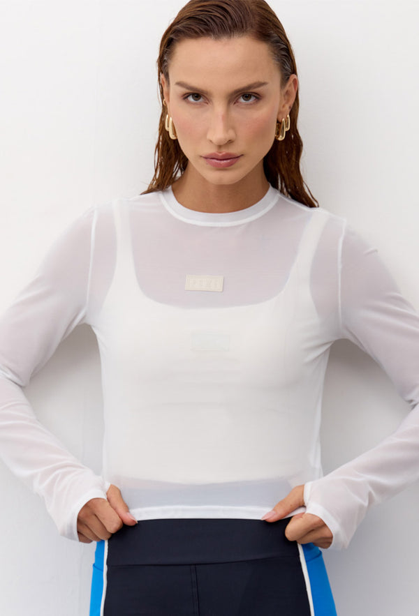 Tshirt cropped manga longa em tule lisa off Athena