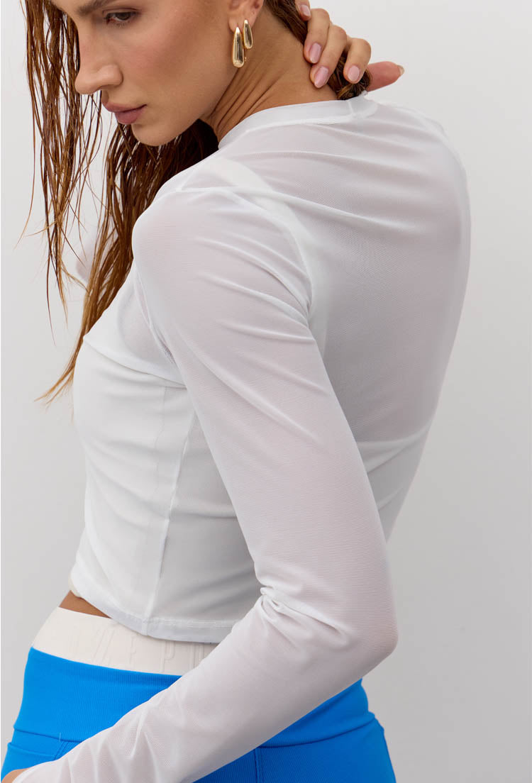 Tshirt cropped manga longa em tule lisa off Athena